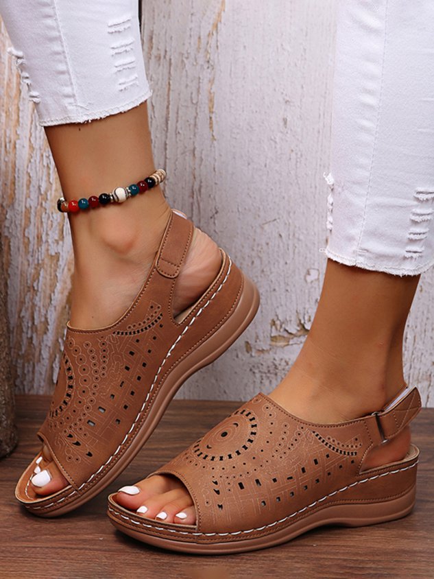 Ethnic Pattern Punched Hollow Velcro Vintage Hook And Loop Comfortable Wedge Sandals
