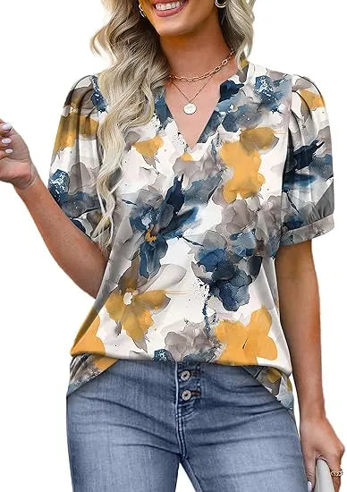 Limited time sale Women's V Neck Floral Print Vintage Shirt Fashion T-Shirt