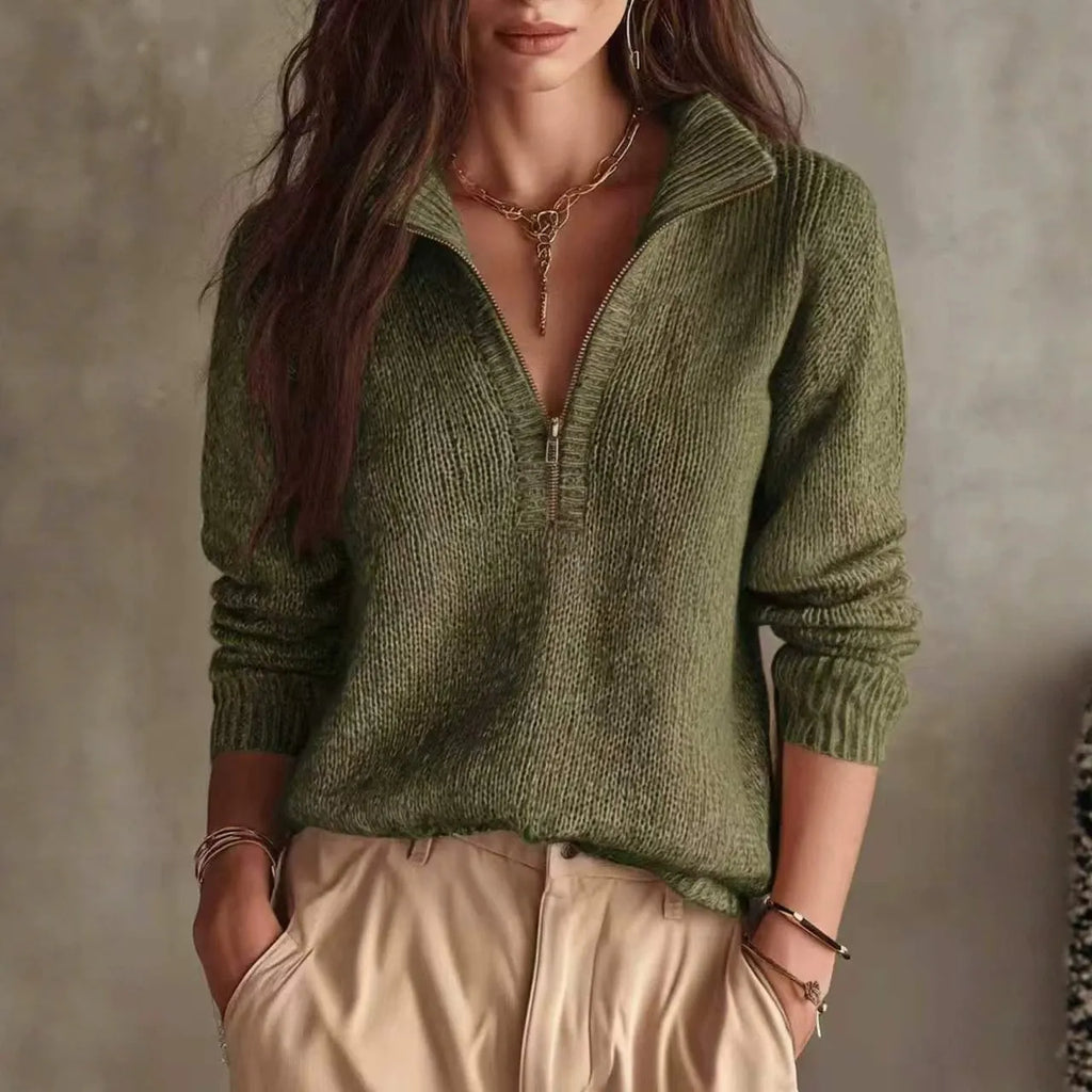 Relaxed Fit Half Zip Collar Knit Top Solid Long Sleeve Sweater