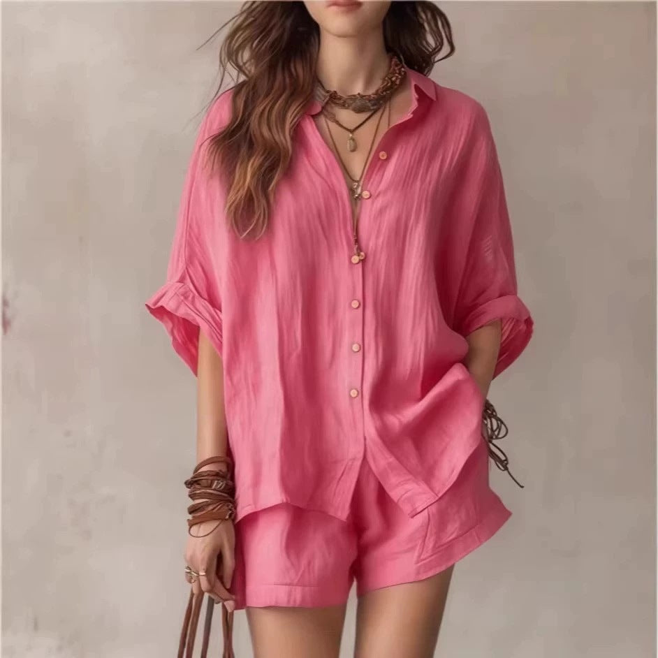 Solid-color loose button-down shirt and shorts set – stylish, casual plus-size matching set