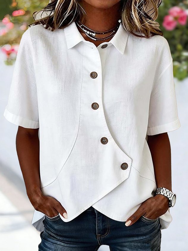 Cotton And Linen Shawl Collar Short Sleeve Asymmetry Placket Design Button Summer Going Out Casual Shirt