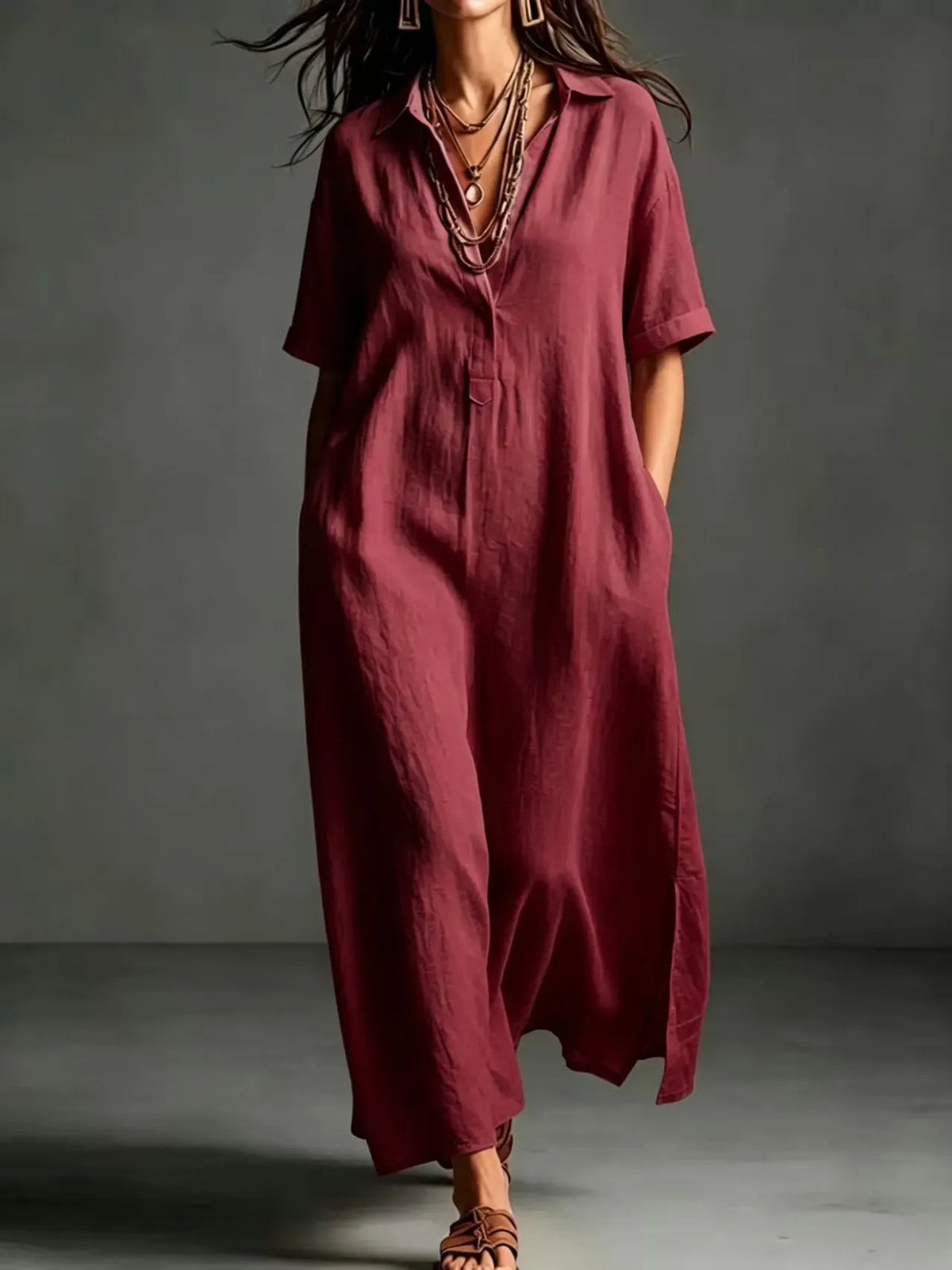 Minimalist Textured Cotton Linen Shirt Dress Ladies Half Button V Neck Pocket Summer Vacation Maxi Gown