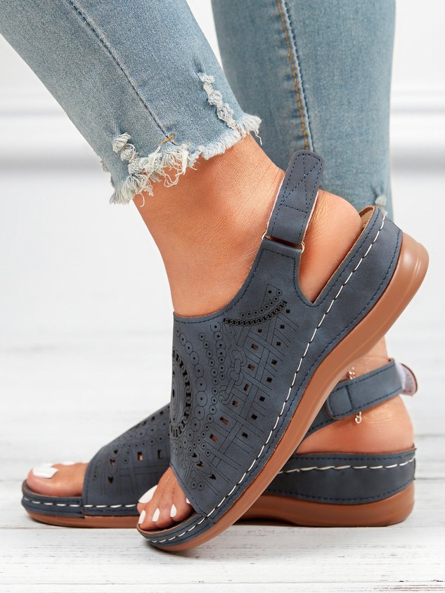 Ethnic Pattern Punched Hollow Velcro Vintage Hook And Loop Comfortable Wedge Sandals