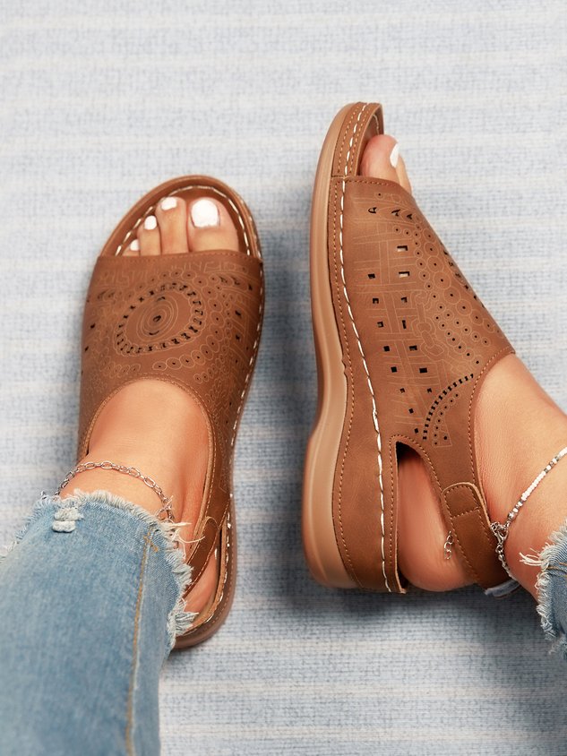 Ethnic Pattern Punched Hollow Velcro Vintage Hook And Loop Comfortable Wedge Sandals