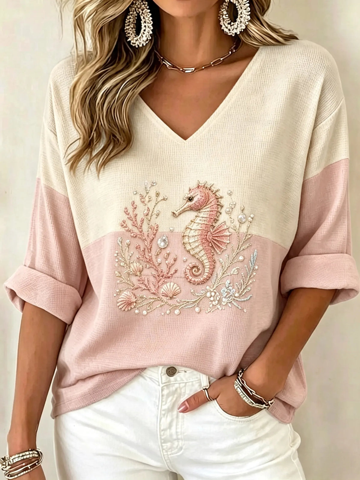 Women's Waffle Knit V Neck Top | 3/4 Sleeve Relaxed Fit [Marine Theme] Casual Vacation Shirt