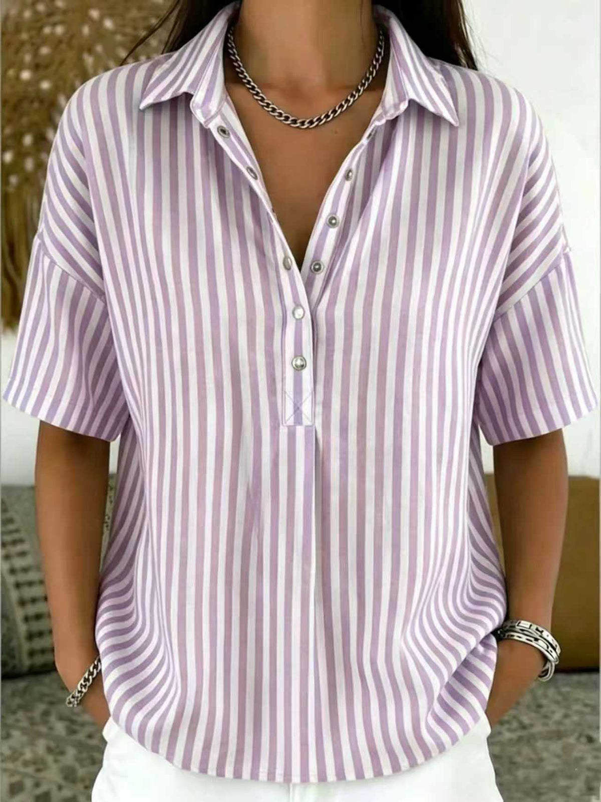 Minimalist Summer Oversized Collar Blouse, Women Short Sleeve Button Front Striped Resort Shirt