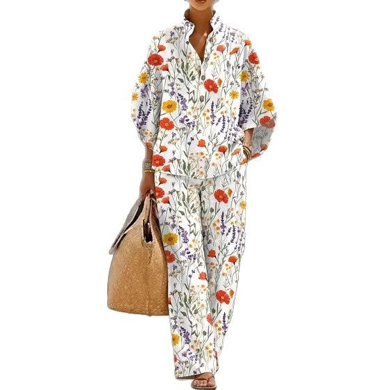 Stand-up collar polo shirt & wide-leg pants retro print two-piece set