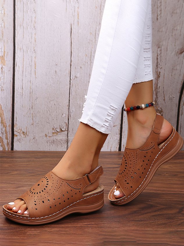 Ethnic Pattern Punched Hollow Velcro Vintage Hook And Loop Comfortable Wedge Sandals