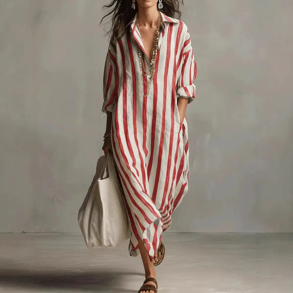 Minimalist Vertical Stripe Cotton Long Shirt Dress Oversized Relaxed Fit Side Pocket Vacation Resort Midi Maxi Dress