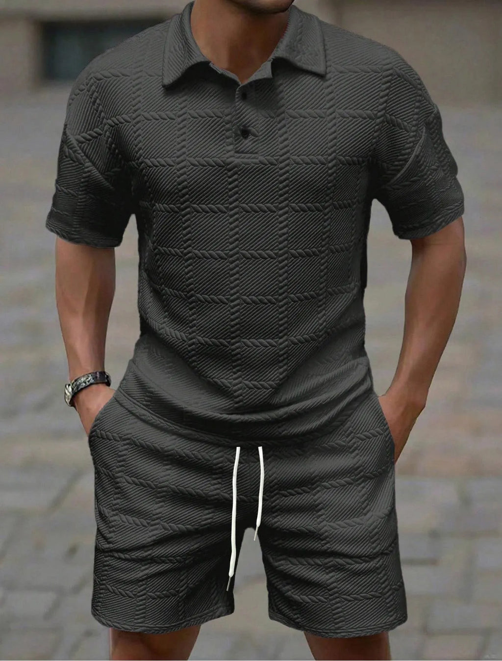 Men Textured Jacquard 2 Piece Matching Set