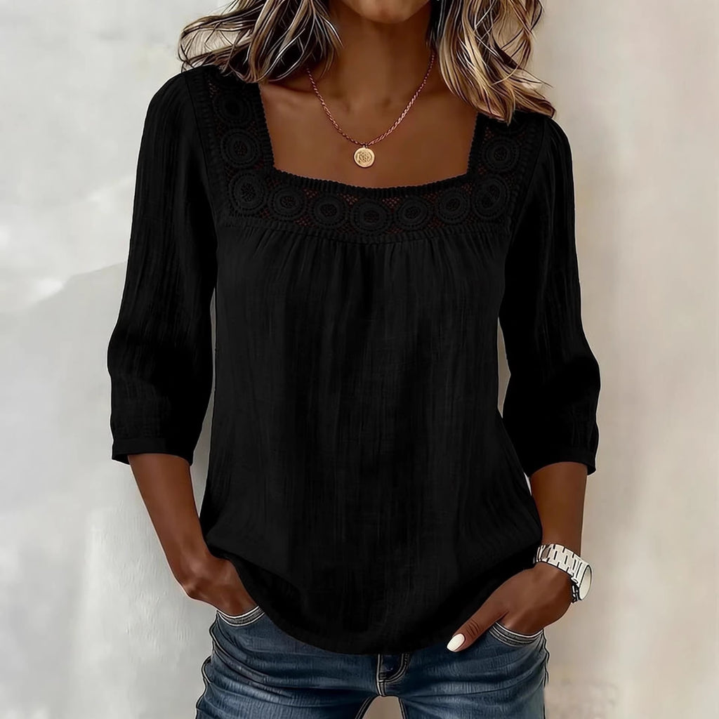 Casual Solid Color Cotton Linen Lace Neck Mid-Sleeve A-Line Swing Top
