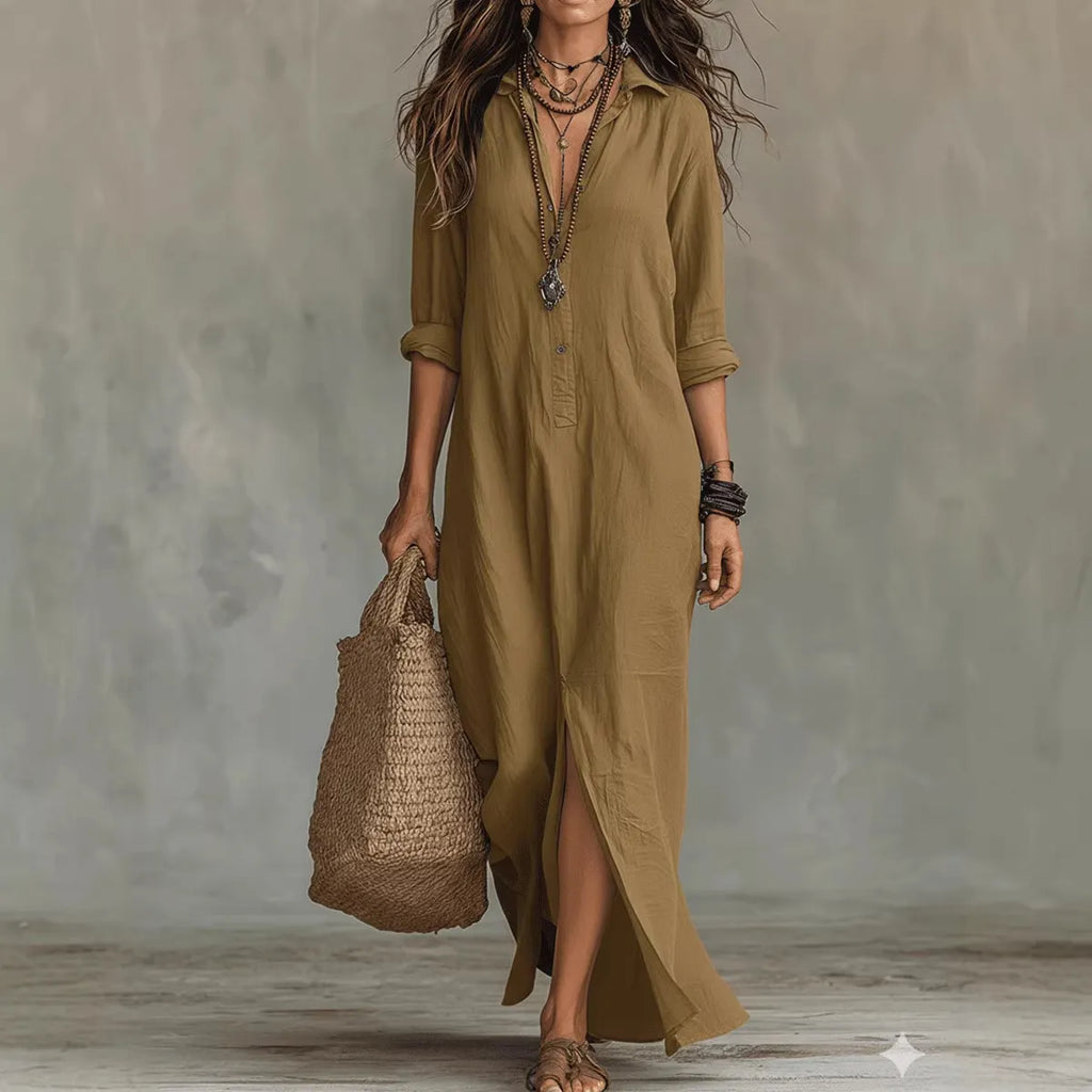 Women Lapel Half Button Maxi Shirt Dress Rolled 3/4 Sleeve Front High Slit Loose Boho Long Dress
