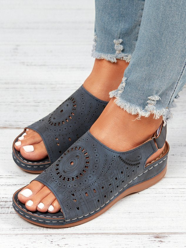 Ethnic Pattern Punched Hollow Velcro Vintage Hook And Loop Comfortable Wedge Sandals
