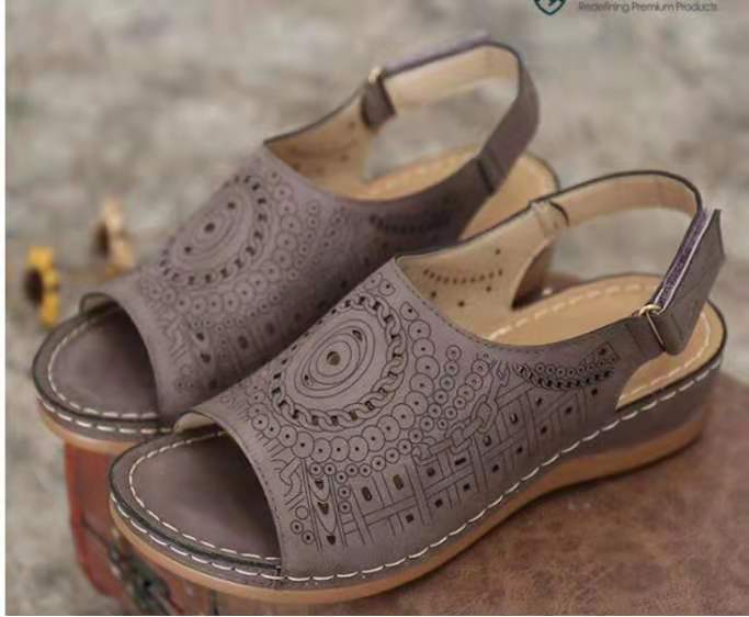 Ethnic Pattern Punched Hollow Velcro Vintage Hook And Loop Comfortable Wedge Sandals