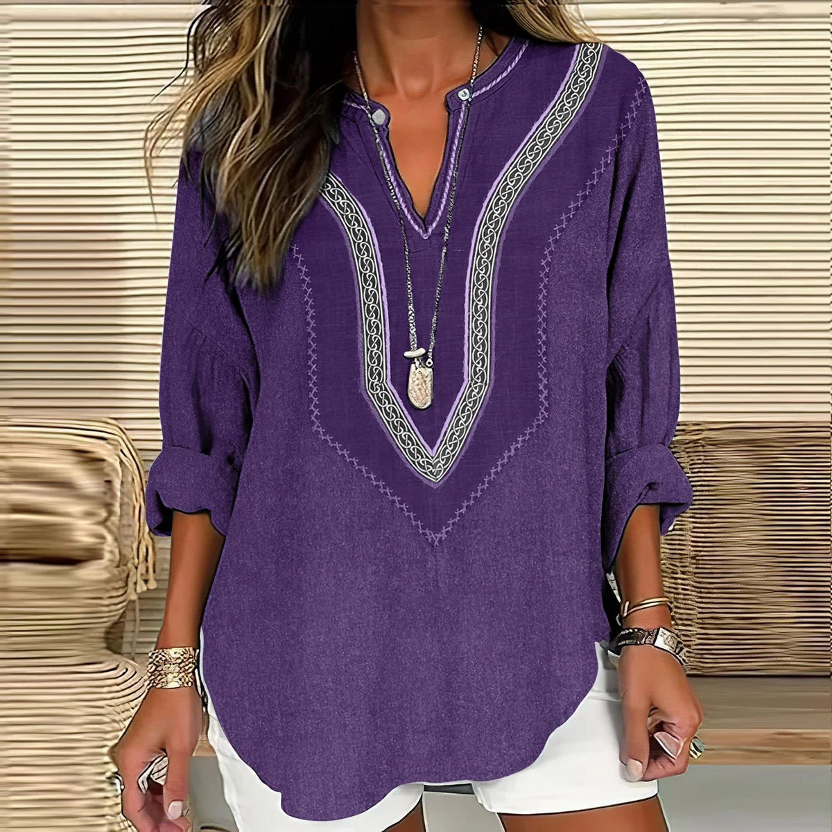 Split V-Neck 3/4 Sleeve Loose Fit Casual Top